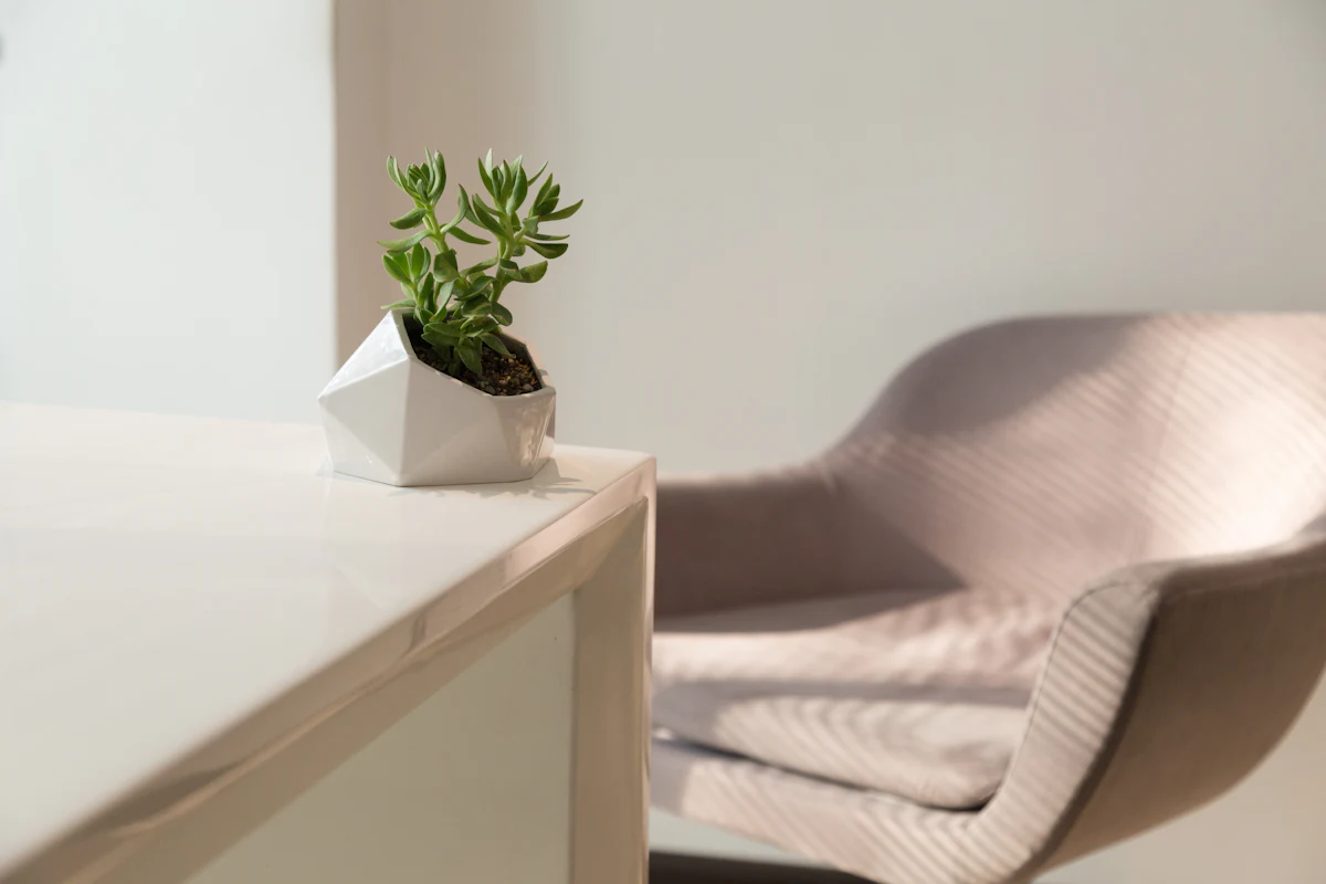 Poltrona clara ao lado de uma mesa branca com uma planta pequena